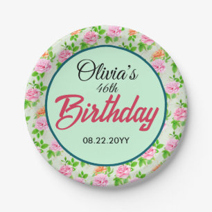 Floral Pink Roses Pattern Paper Plate