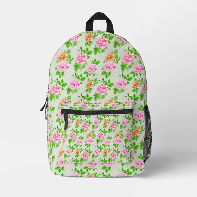 Floral Pink Roses Pattern Printed Backpack (Front)