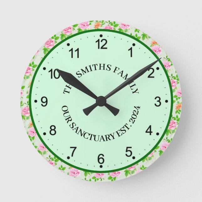 Floral Pink Roses Pattern Round Clock (Front)