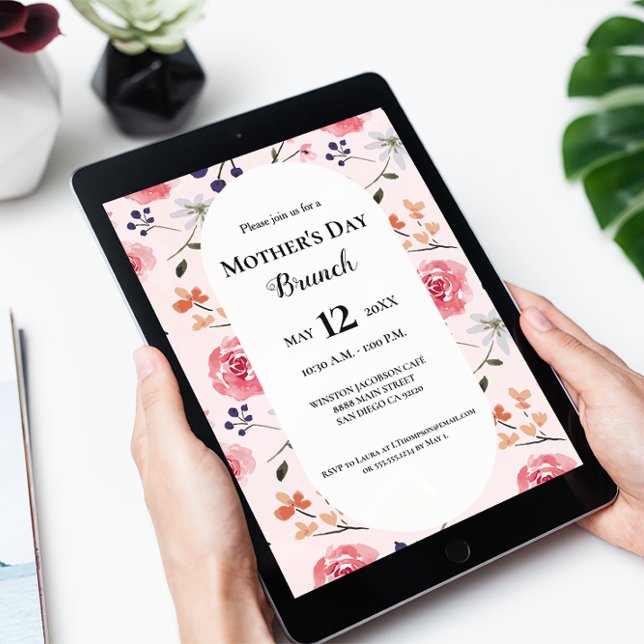 Floral Pink Roses Peonies Mother's day brunch Invitation (Mother's day brunch digital download invitation. Pink roses, peonies watercolor pattern design.)