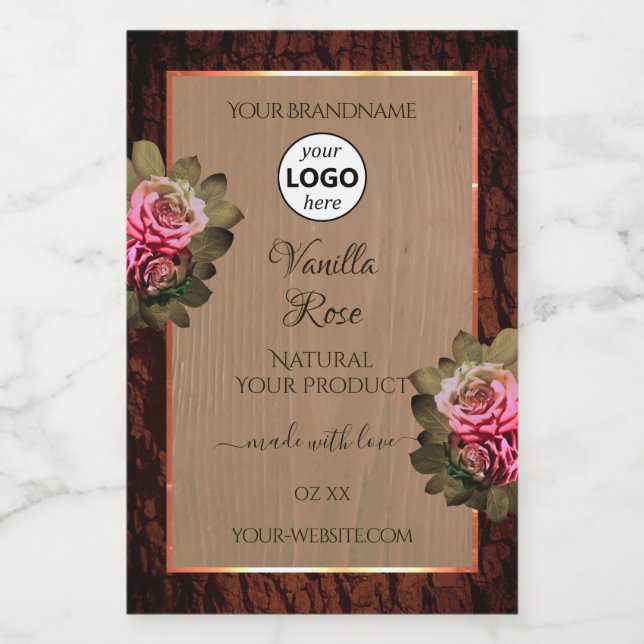 Floral Pink Roses Product Labels Wood Grain Logo (Single Label)