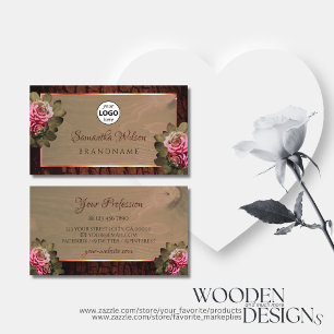 Floral Pink Roses Rustic Tree Bark Wood Grain Logo Business Card