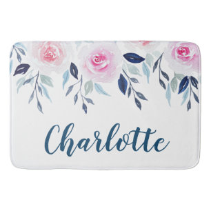 Floral Pink Roses Watercolor Personalised Name Bath Mat
