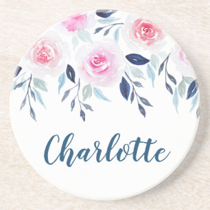 Floral Pink Roses Watercolor Personalised Name Coaster