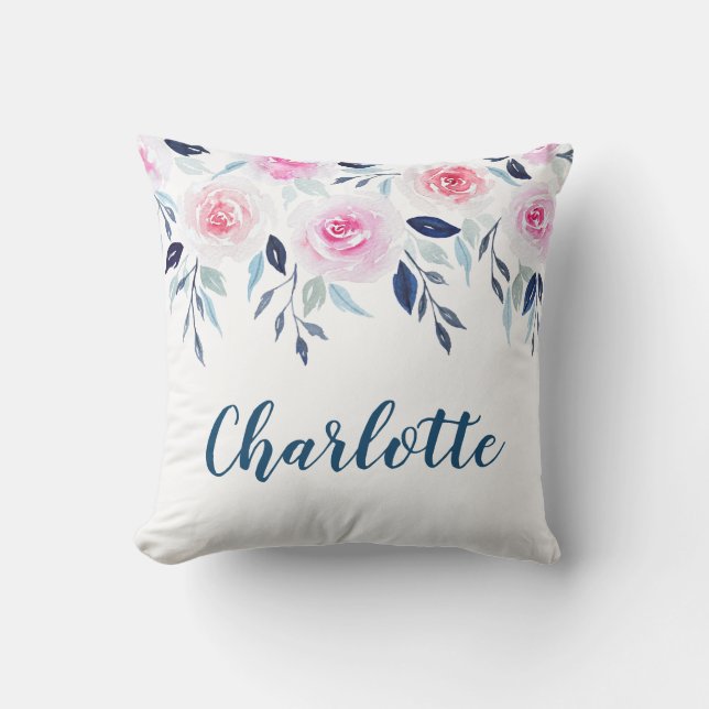 Floral Pink Roses Watercolor Personalised Name Cushion (Front)