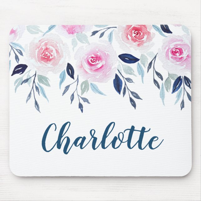 Floral Pink Roses Watercolor Personalised Name Mouse Pad (Front)