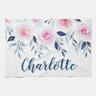 Floral Pink Roses Watercolor Personalised Name Tea Towel