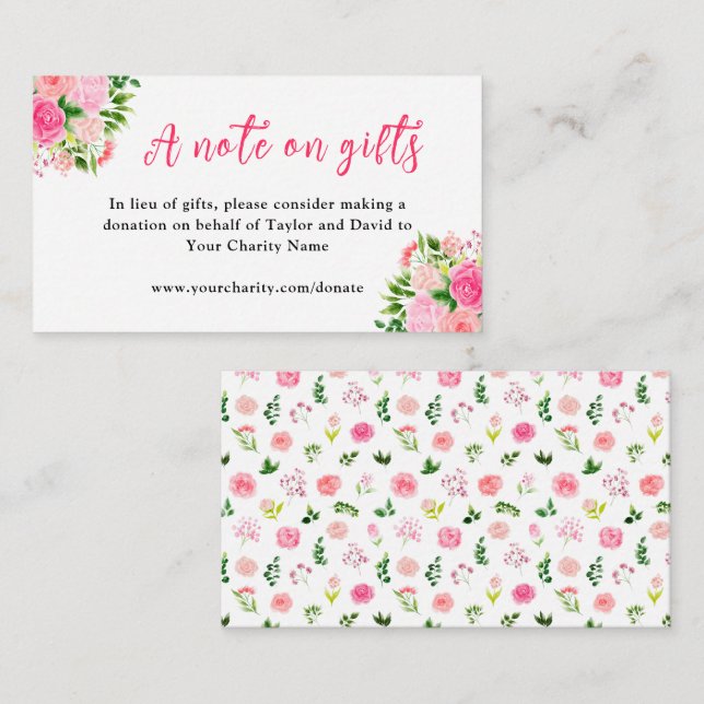 Floral Pink Roses Wedding A Note On Gifts Enclosure Card (Front/Back)
