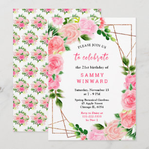 Floral Pink Roses with Foliage Birthday Invitation