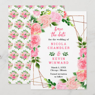 Floral Pink Roses with Foliage Wedding Save The Date