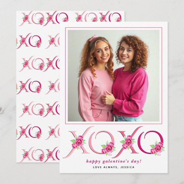Floral pink roses XOXO Galentines Day photo Holiday Card (Front/Back)