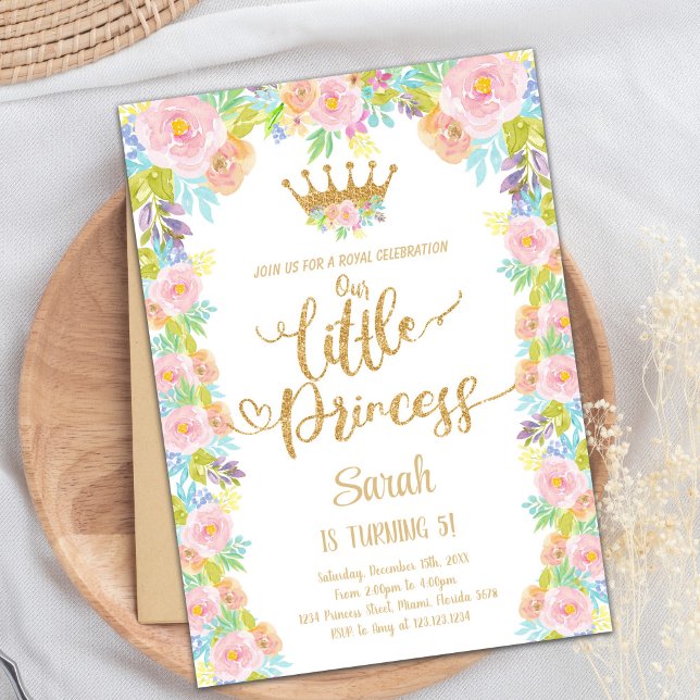 Floral Pink Royal Party Theme for Girls Invitation (Glitter Crown Floral Princess Birthday Invitation)
