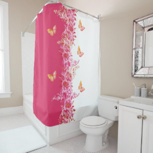 Floral Pink Shower Curtain with Graceful Butterfly