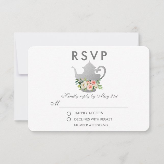 Floral Pink Silver Bridal Shower Tea Party RSVP R Card (Front)