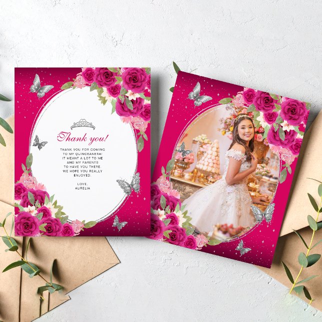 Floral Pink Silver Butterfly Quinceañera Photo (Creator Uploaded)