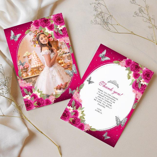 Floral Pink Silver Butterfly Quinceañera Photo Thank You Card (Creator Uploaded)