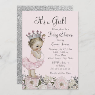 Floral Pink Silver Princess Baby Shower Invitation