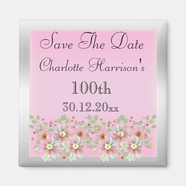 Floral Pink & Silver Save The Date 100th Magnet (Front)
