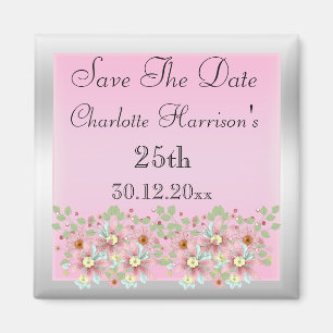 Floral Pink & Silver Save The Date 25th Magnet