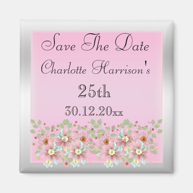 Floral Pink & Silver Save The Date 25th Magnet (Front)