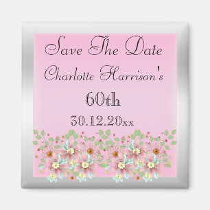 Floral Pink & Silver Save The Date 60th Magnet