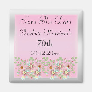 Floral Pink & Silver Save The Date 70th Magnet