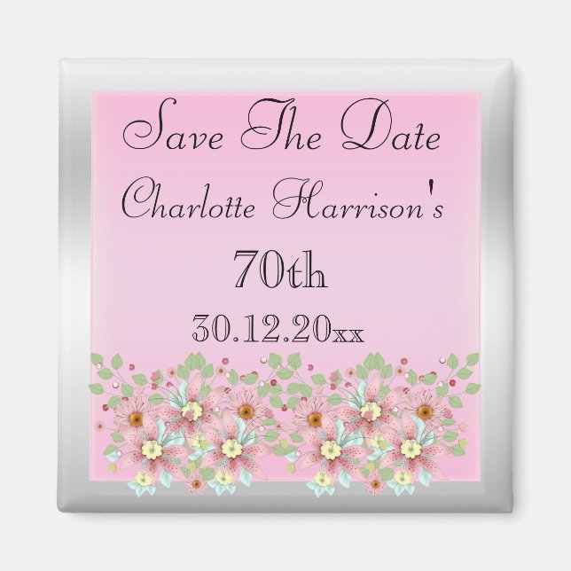 Floral Pink & Silver Save The Date 70th Magnet (Front)