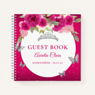 Floral Pink Silver Tiara Butterfly  Guest Book