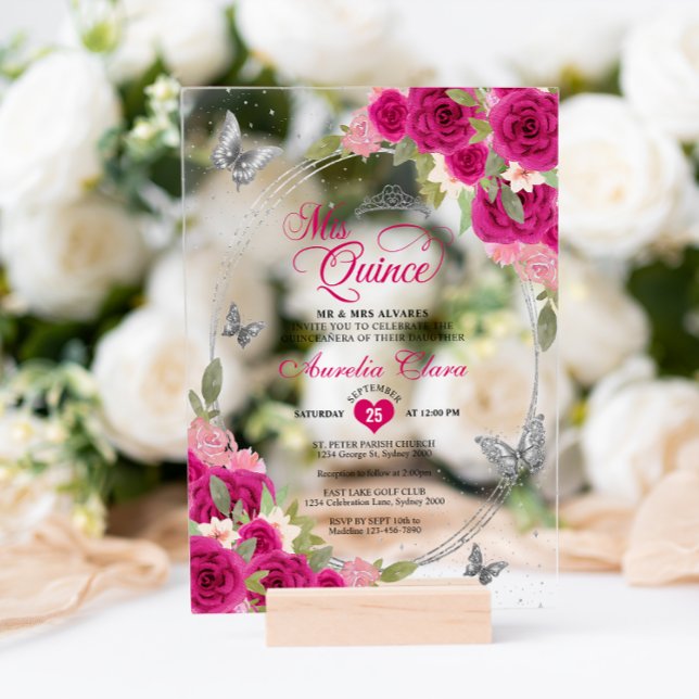 Floral Pink Silver Tiara Butterfly Mis Quinceañera Acrylic Invitations (Creator Uploaded)