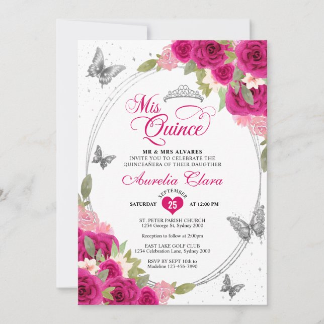 Floral Pink Silver Tiara Butterfly Mis Quinceañera Invitation (Front)