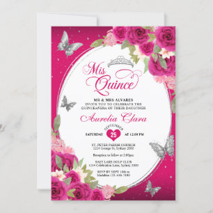 Floral Pink Silver Tiara Butterfly Mis Quinceañera Invitation