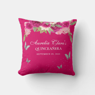 Floral Pink Silver Tiara Butterfly Quinceanera Cushion