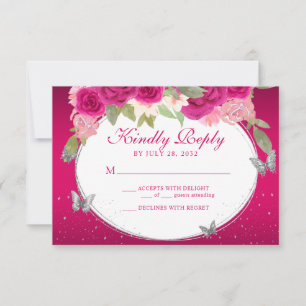 Floral Pink Silver Tiara Butterfly Quinceañera RSVP Card