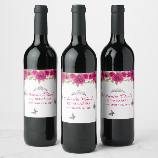 Floral Pink Silver Tiara Butterfly Quinceañera Wine Label (Bottles)