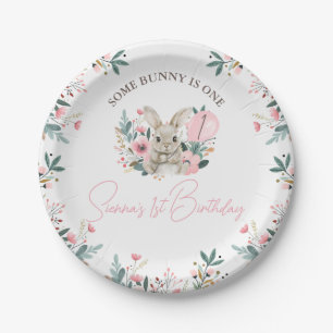 Floral Pink Some Bunny Is Turning One 1st Birthday Paper Plate