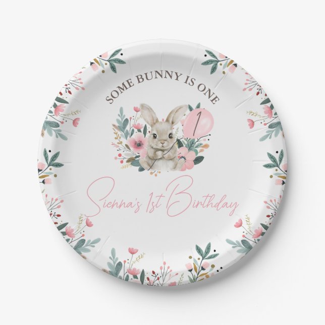 Floral Pink Some Bunny Is Turning One 1st Birthday Paper Plate (Front)