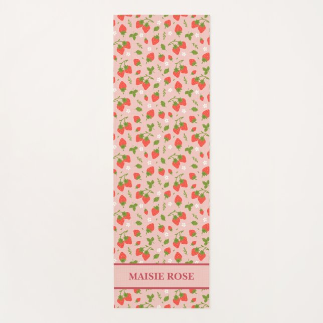 Floral Pink Strawberry Pattern Personalised Kids Yoga Mat (Front)