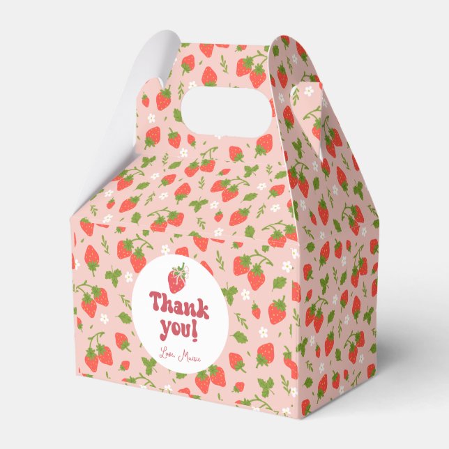 Floral Pink Strawberry Pattern Personalised Party Favour Box (Front Side)