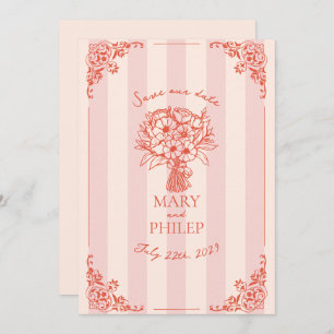 Floral Pink Stripe Botanical Save The Date Invitation