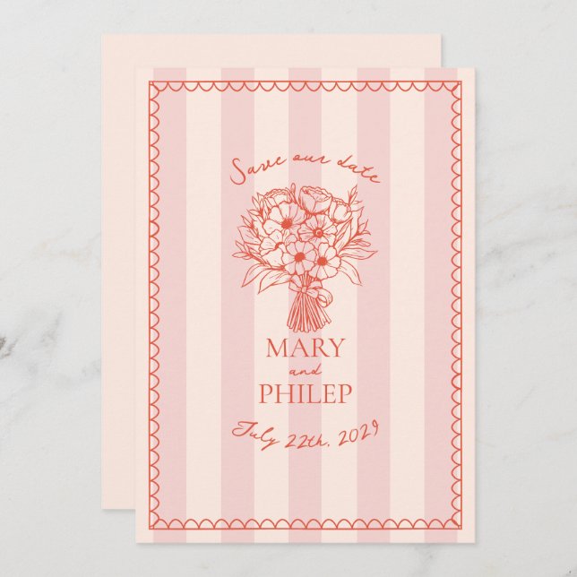 Floral Pink Stripe Botanical Save The Date Invitation (Front/Back)