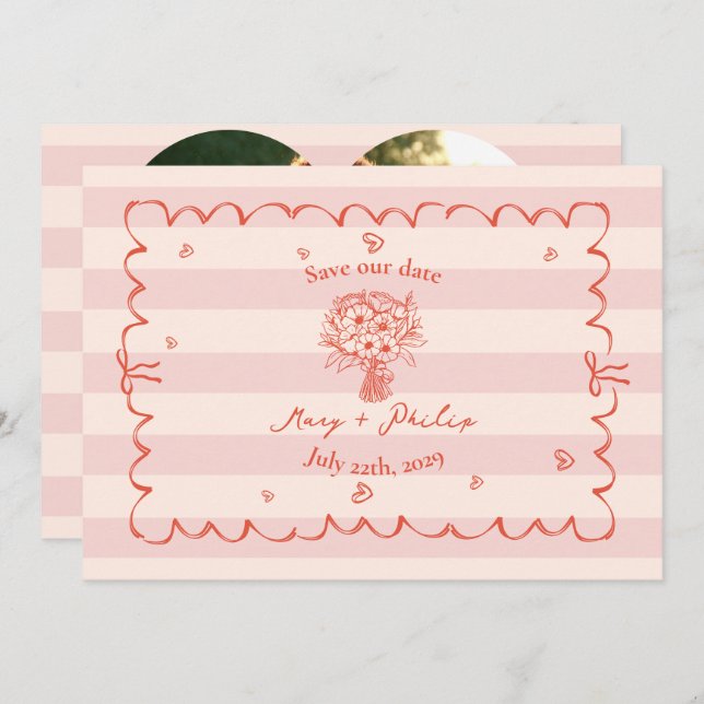 Floral Pink Stripe Botanical Save The Date Photo Invitation (Front/Back)