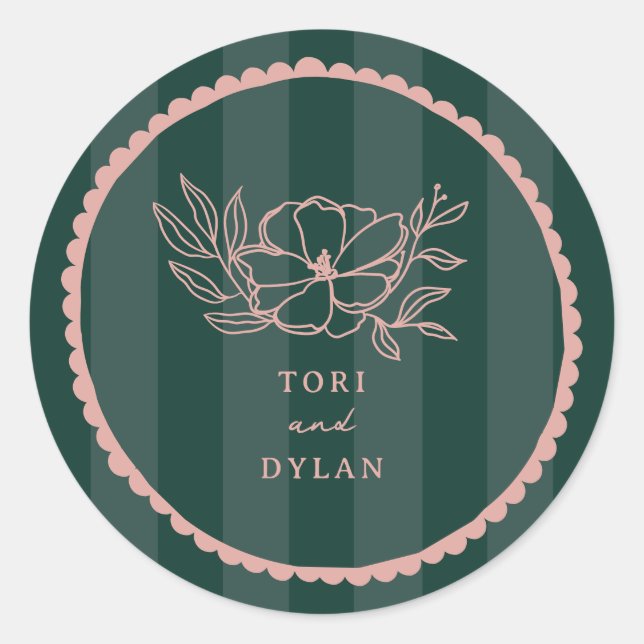 Floral Pink Stripe Wedding Classic Round Sticker (Front)