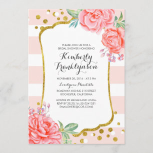 Floral Pink Stripes Gold Confetti Bridal Shower Invitation