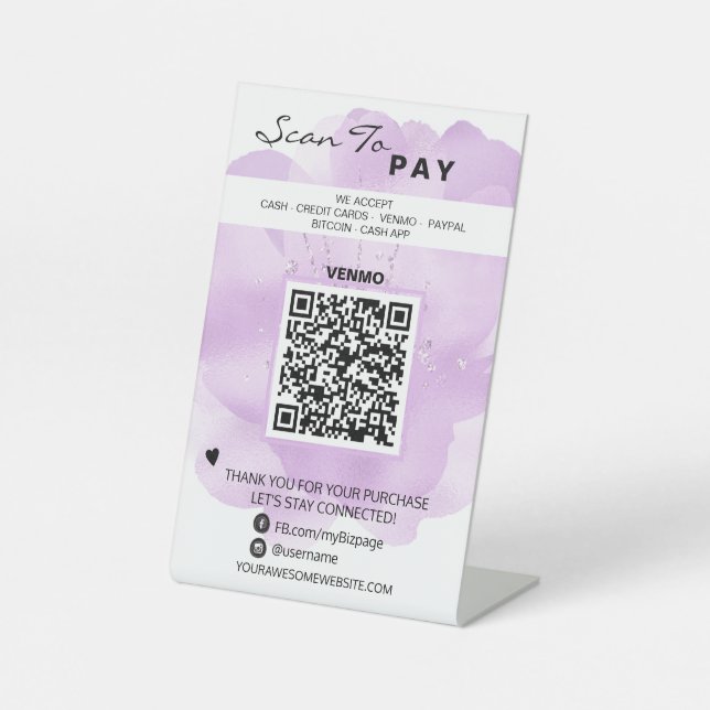 *~* Floral Pink Table Tent PAY . QR code Tabletop  Pedestal Sign (Front)