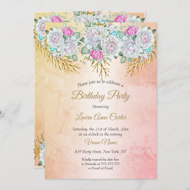 Floral Pink Teal Blue Gold Birthday Party Invitation (Front/Back)