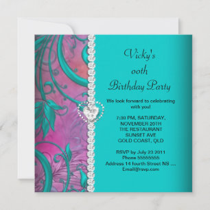 Floral Pink Teal Blue White Birthday Party Invitation