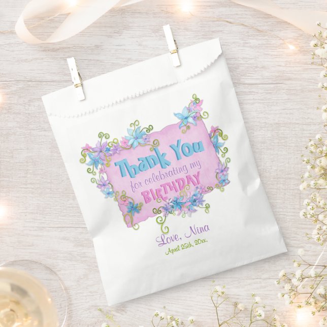 Floral Pink Thank You Birthday Party Favour Bag (Clipped)