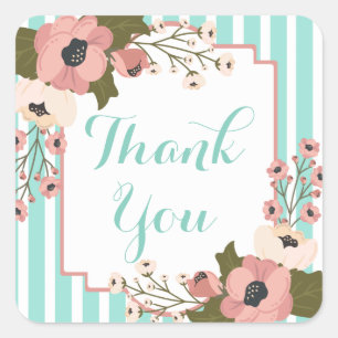 Floral Pink Thank You Green Mint Stripes Wedding Square Sticker