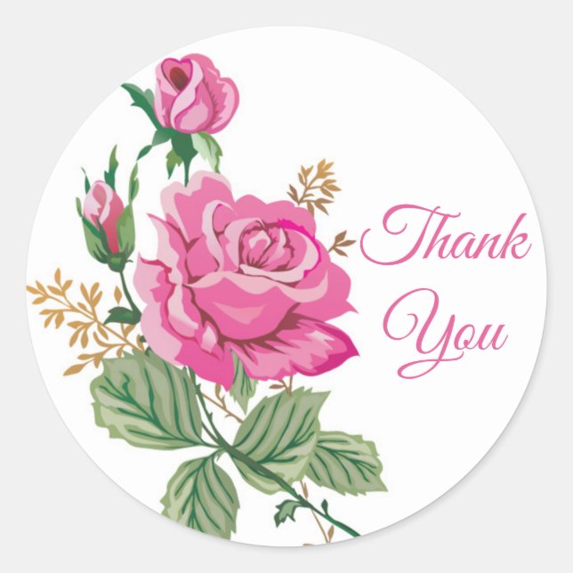 Floral Pink Thank You Rose Flower Roses Classic Round Sticker (Front)