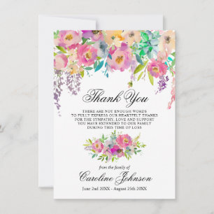 Floral Pink Thank You Sympathy Memorial Prayer Card
